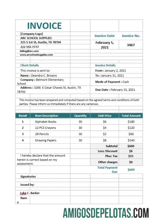 para download Modelo de fatura de pedido de material escolar